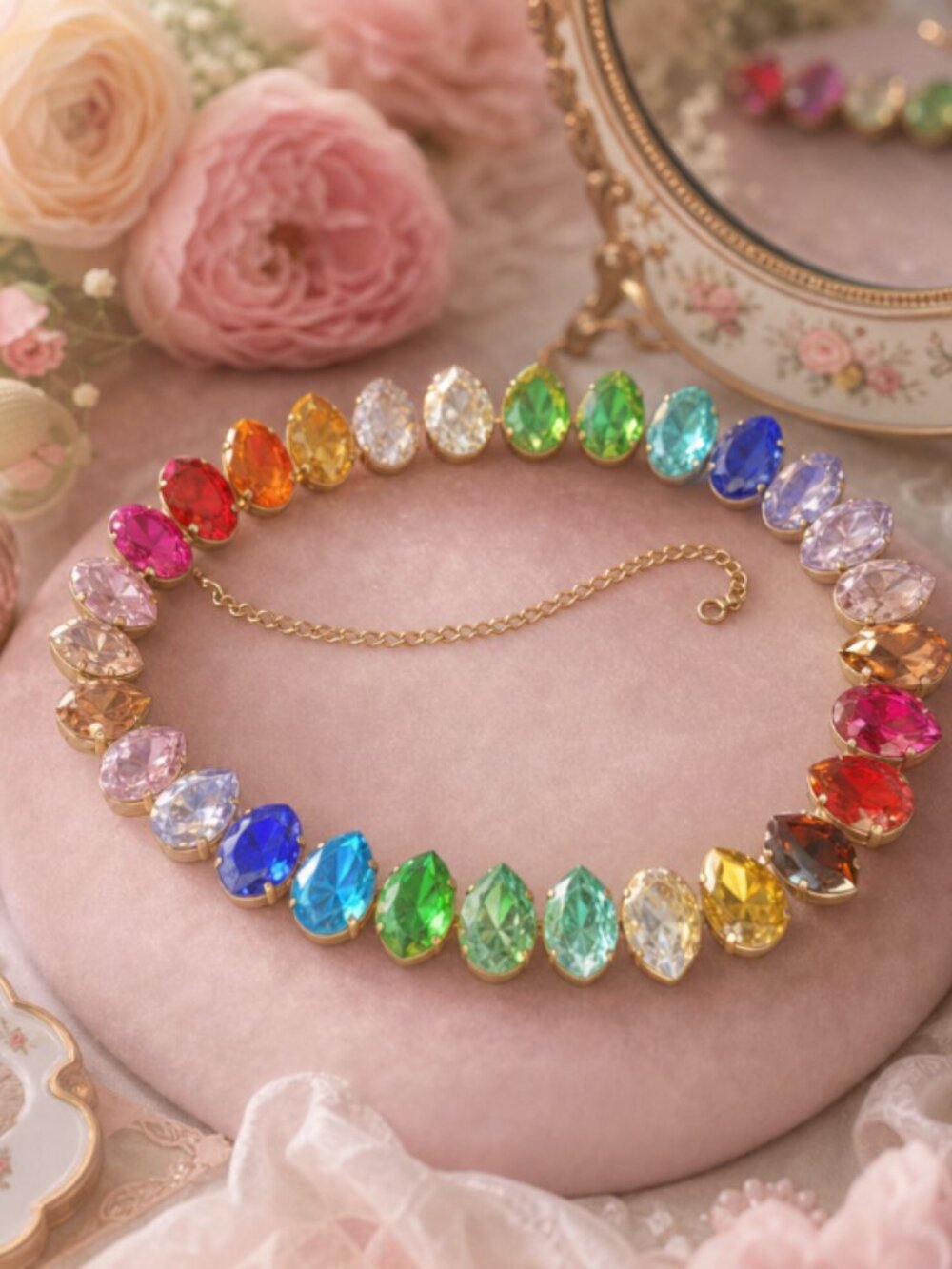 Rainbow Crystal Teardrop Statement Necklace Multicolor Gold Tone